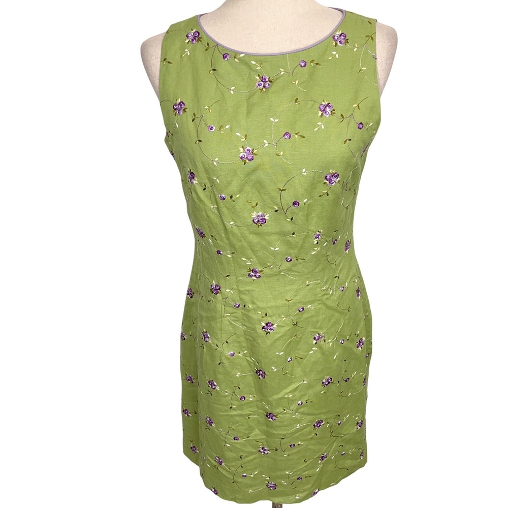 Jessica Howard  Dress Womens 6‎ Green Purple Floral Embroidered Linen Sheath
